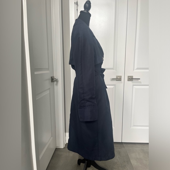 Vintage navy long trench coat with brown buttons size 10 - Picture 2 of 10